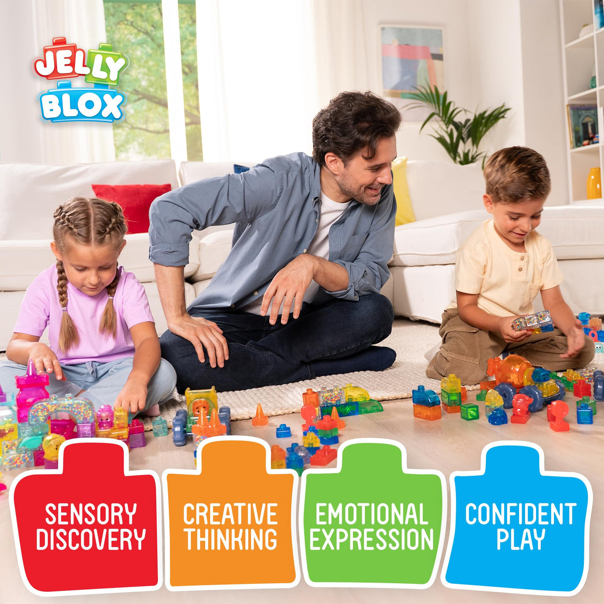Jelly Blox sensory blocks with beads and mini bricks add rich texture and exploration.