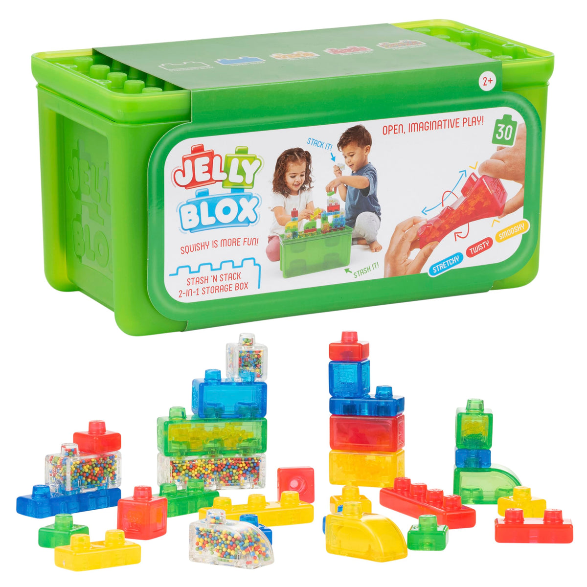 Jelly Blox Stash 'N Stack 30 blocks neatly organized for quick cleanup.