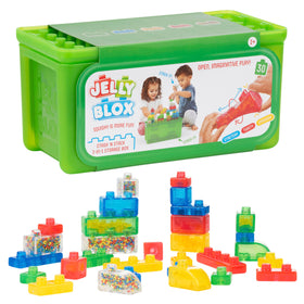 Jelly Blox Stash 'N Stack 30 blocks neatly organized for quick cleanup.
