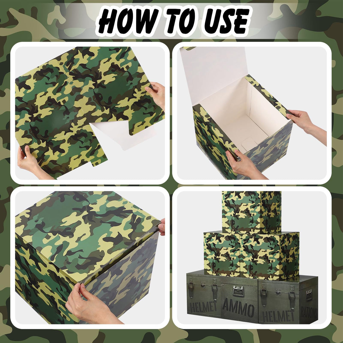 JellyArch camo box centerpiece adds military flair to tables.