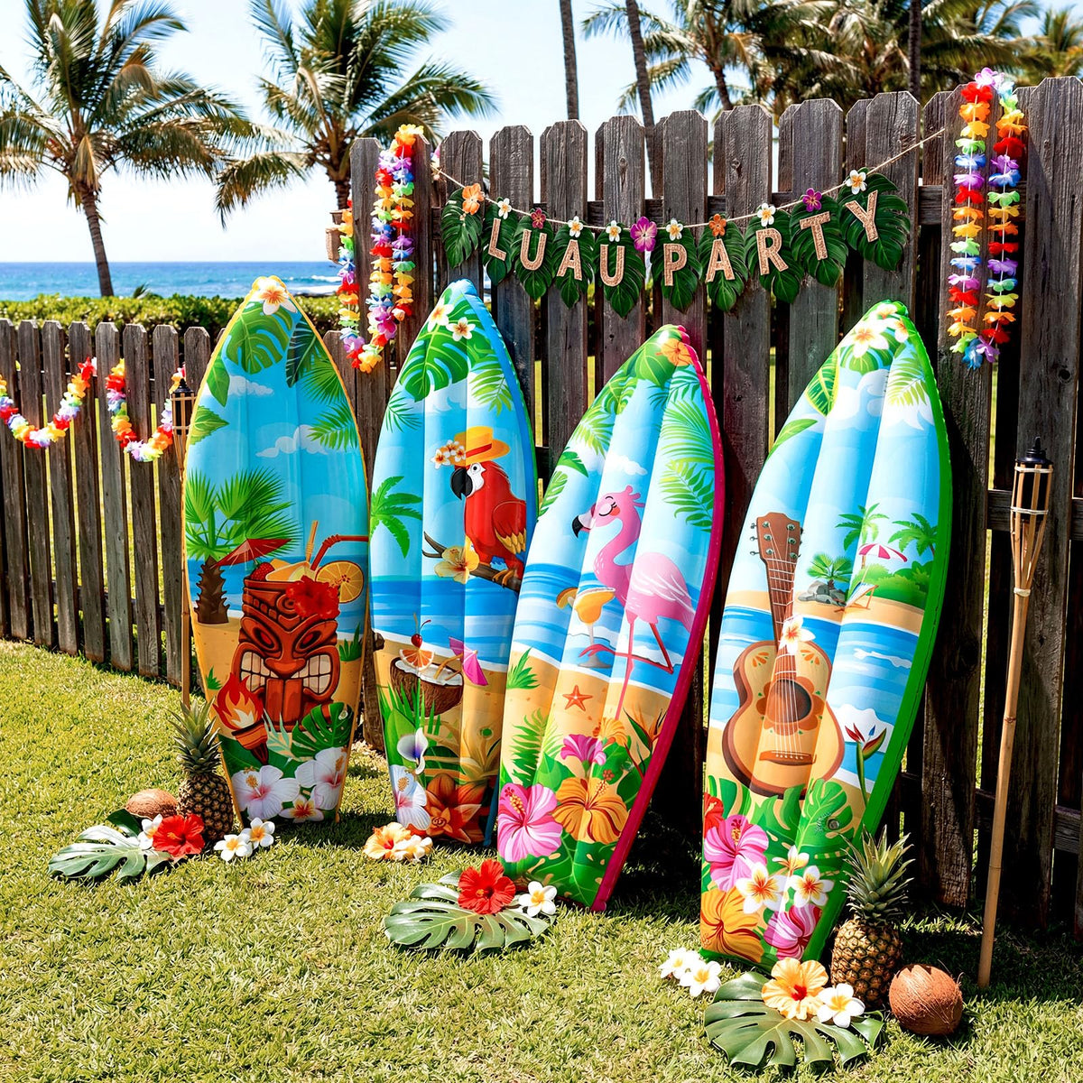 JellyArch flamingo surfboard wall decor brightens luau-themed spaces