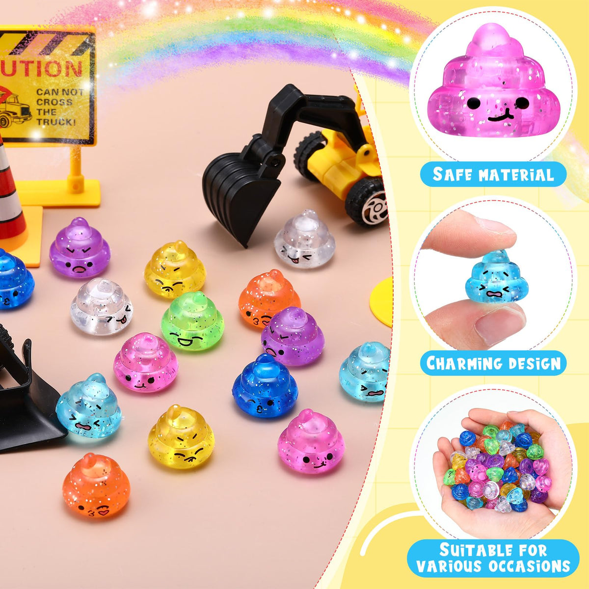 JellyArch glitter rainbow unicorn poop toys brighten party displays.