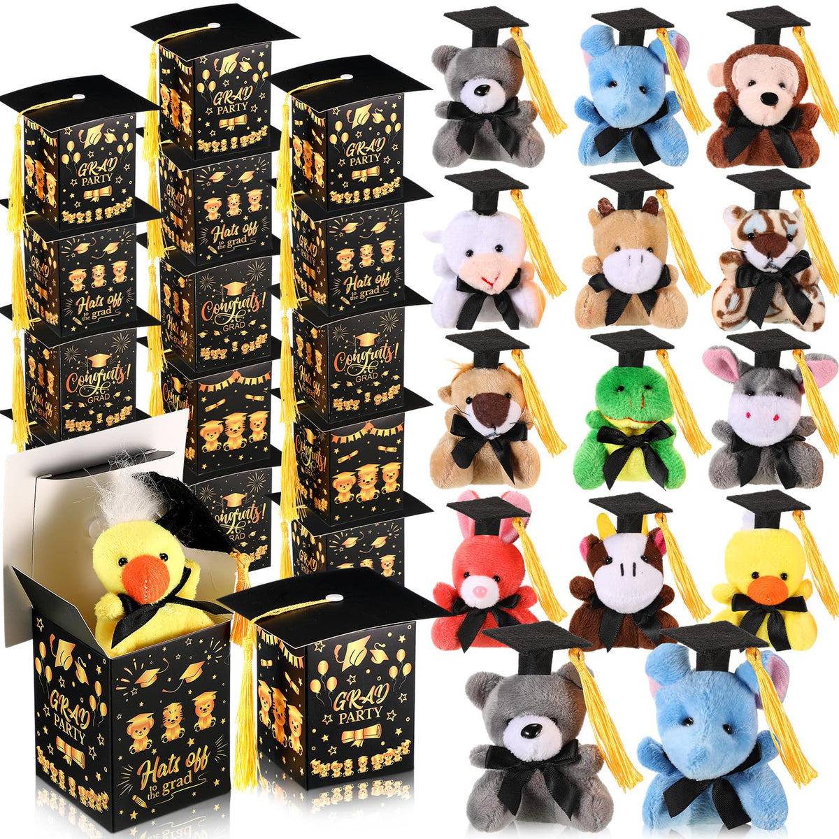 JellyArch graduation plush animals with cap boxes ideal as colorful party favors