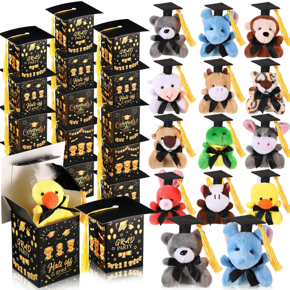 JellyArch graduation plush animals with cap boxes ideal as colorful party favors