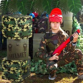 JellyArch jungle party photo booth backdrop with camo accents.