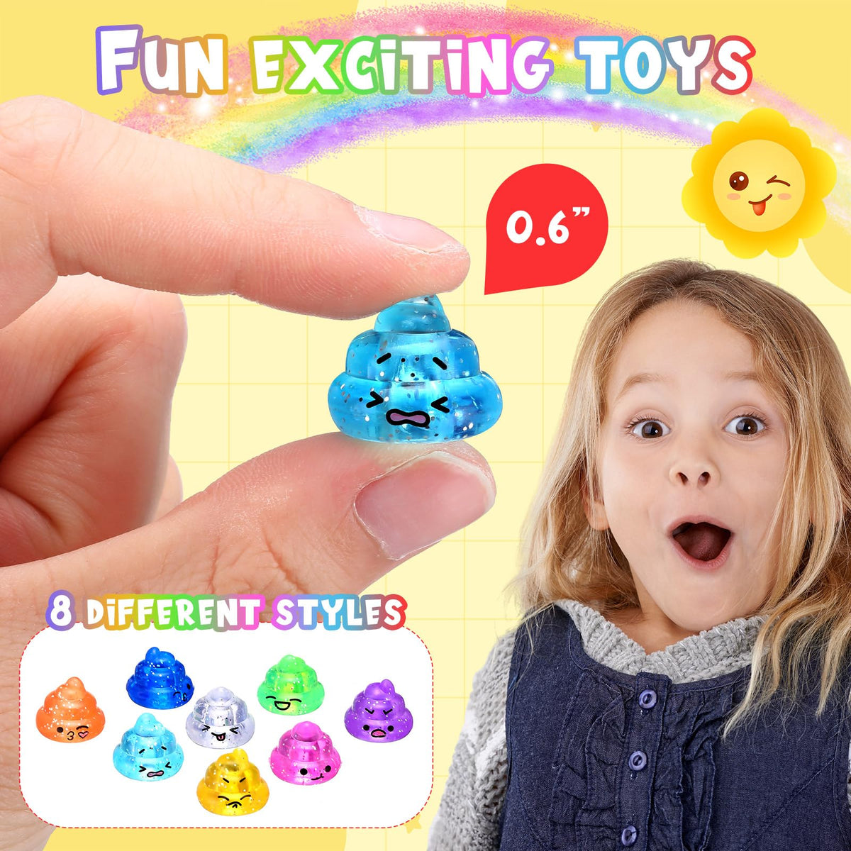 JellyArch unicorn poop toys with expressive glitter faces for playful gifts.