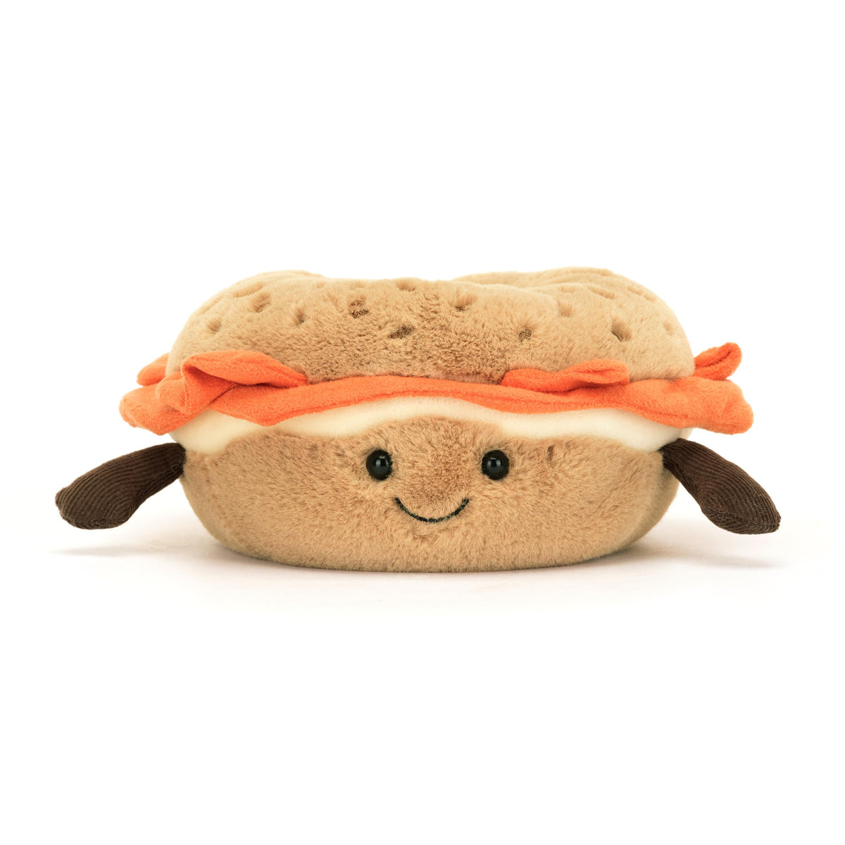Jellycat Amuseables Bagel Plush side view shows compact cuddliness for desk companions
