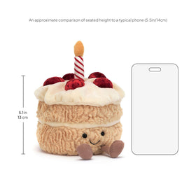 Jellycat Amuseables Birthday Cake sitting-height pose ideal for shelf displays.