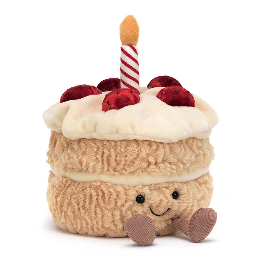 Jellycat Amuseables Birthday Cake toy with candle adds playful decor for nurseries.