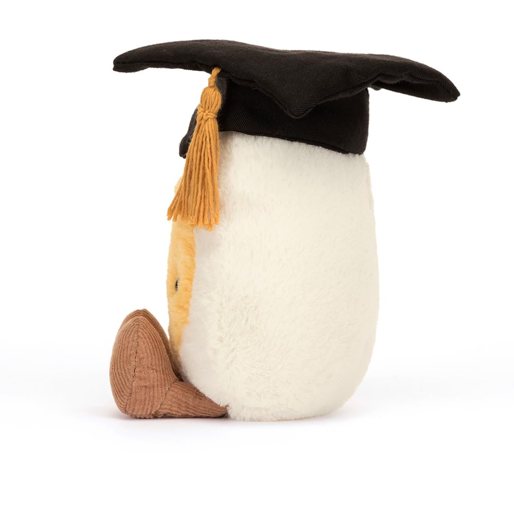 Jellycat Amuseables Boiled Egg Graduate with cotton mortarboard; playful classroom vibes.