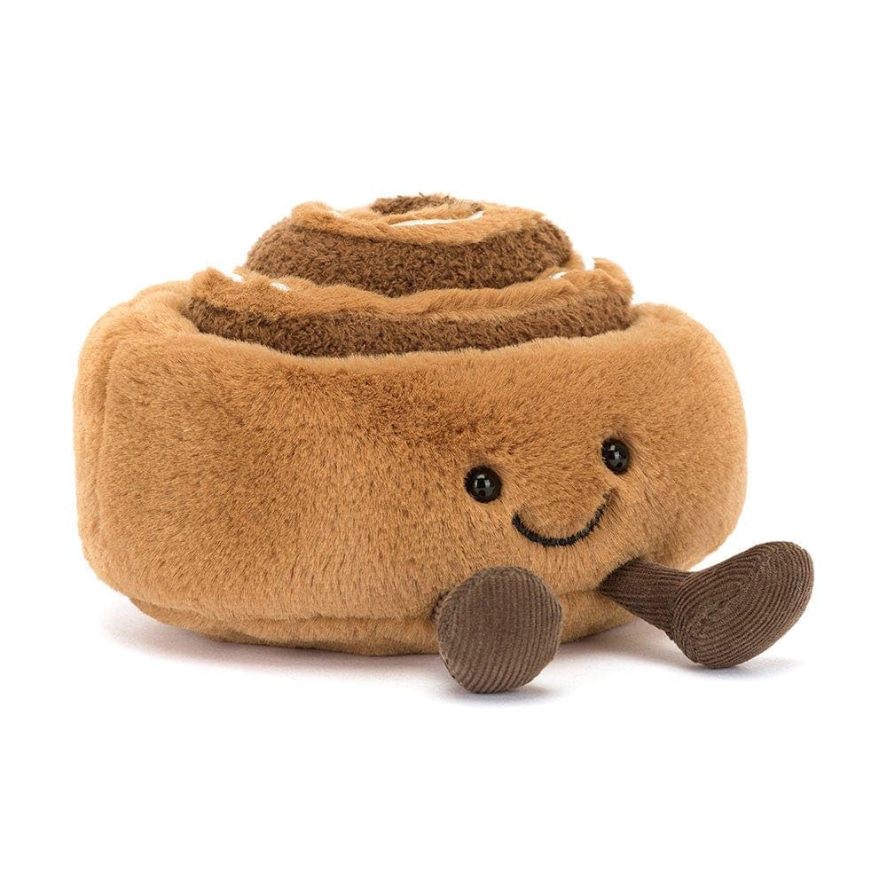 Jellycat Amuseables Cinnamon Bun face close-up with embroidered smile for cuddles.