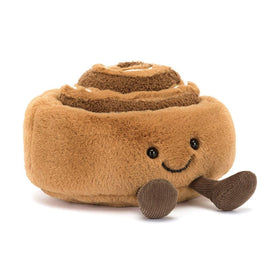 Jellycat Amuseables Cinnamon Bun face close-up with embroidered smile for cuddles.