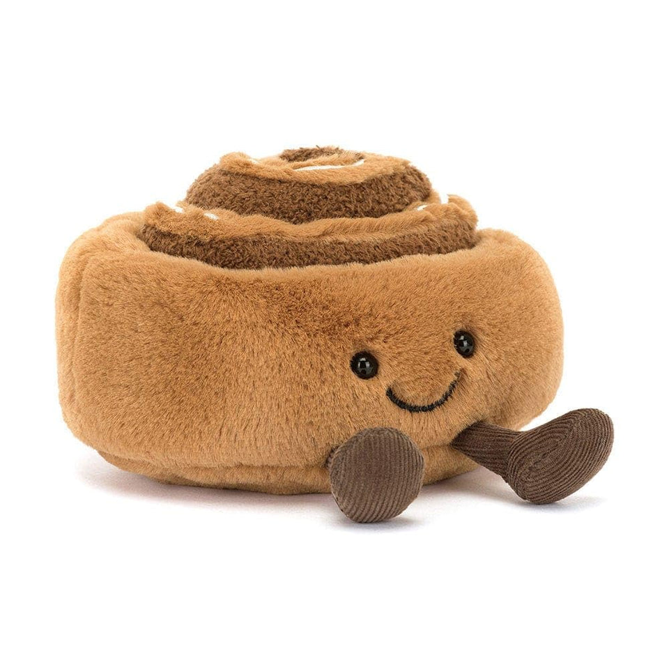 Jellycat Amuseables Cinnamon Bun face close-up with embroidered smile for cuddles.