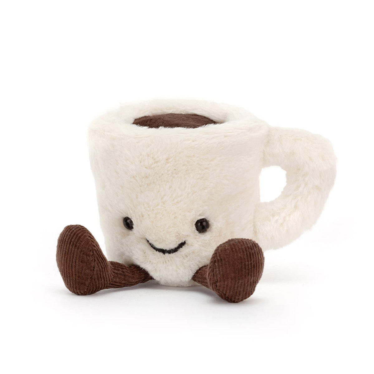 Jellycat Amuseables Espresso Cup: front view, cream fur, cheerful smile, desk companion.