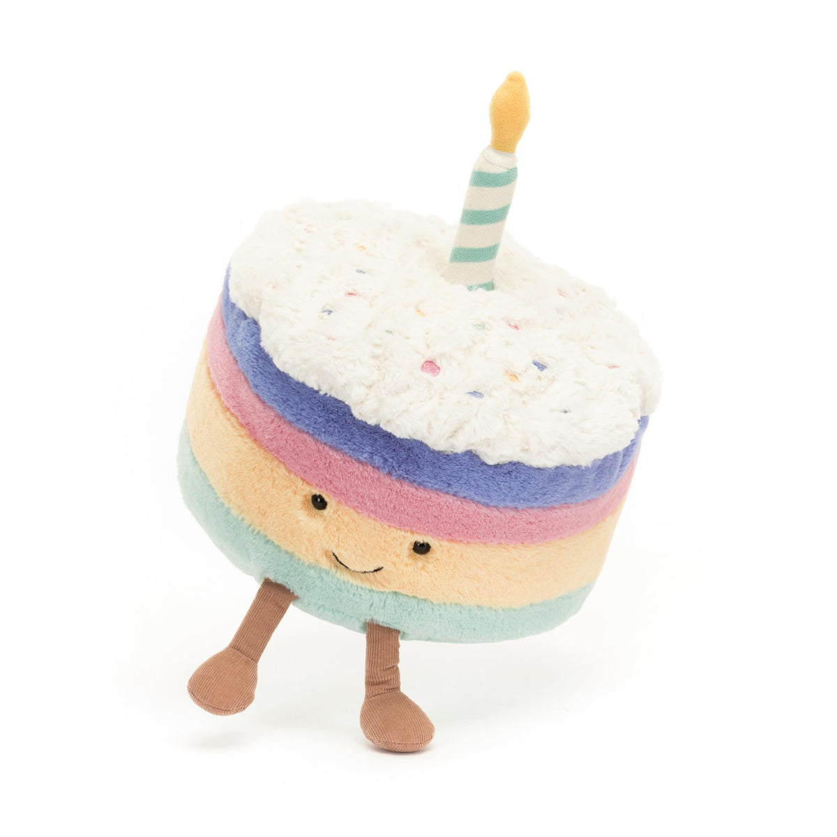 Medium size Jellycat Rainbow Birthday Cake dimensions 5.9 inches across.