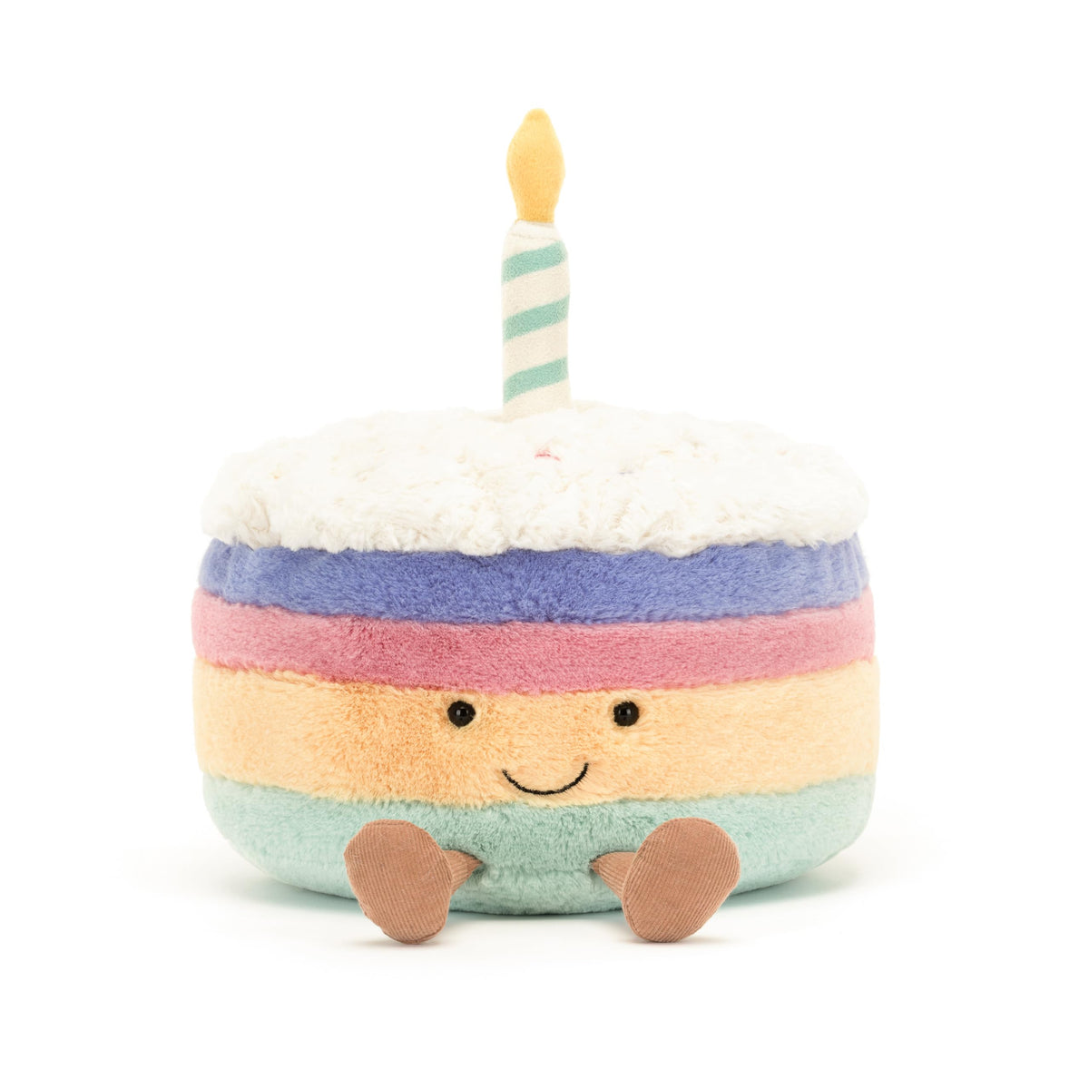 Jellycat Rainbow Birthday Cake plush, ideal gift-ready display and cuddling.
