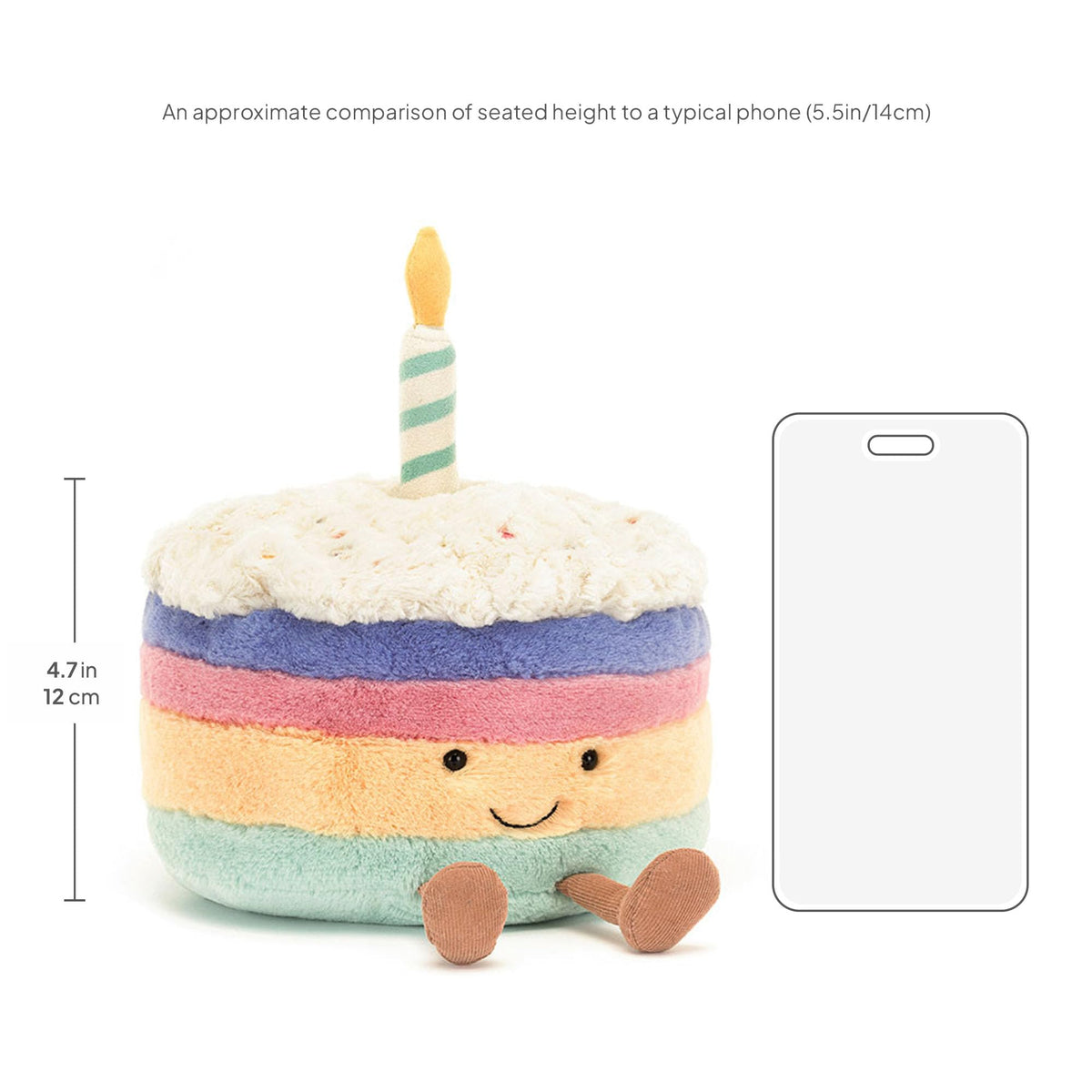 Premium fabric texture of Jellycat Rainbow Birthday Cake plush for lasting softness.