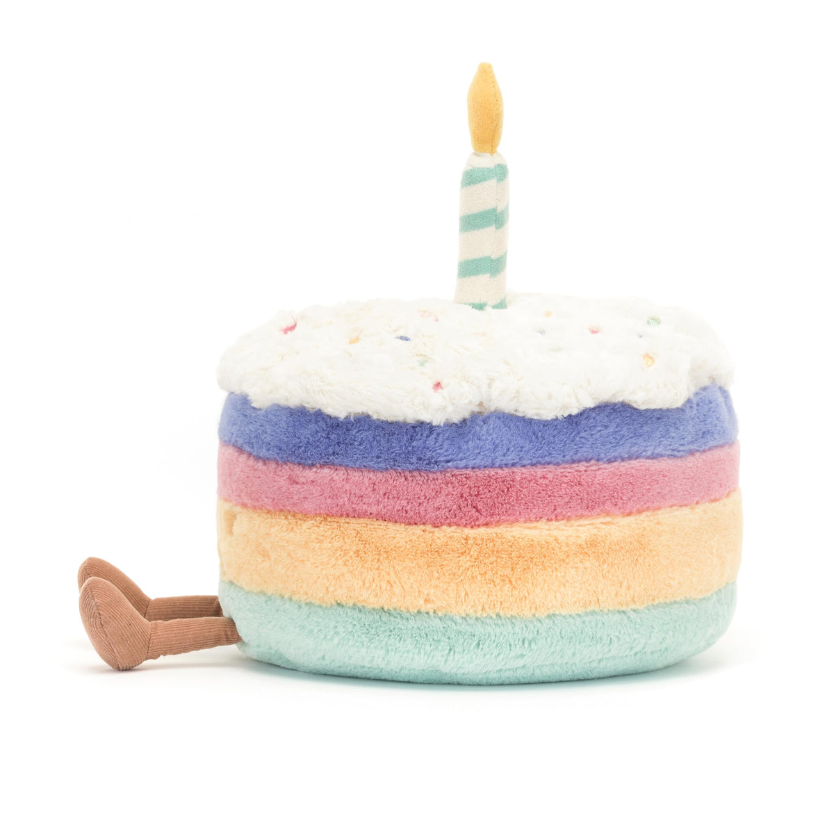 Close-up of Jellycat Rainbow Birthday Cake icing detail for vibrant party vibe.