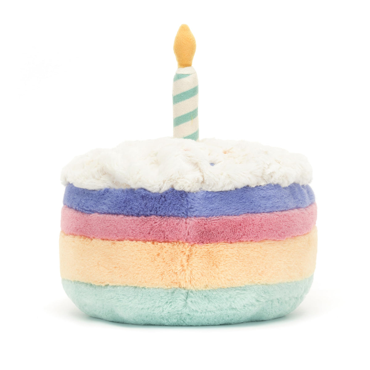Soft suedette candle on Jellycat Rainbow Birthday Cake plush adds tactile charm.