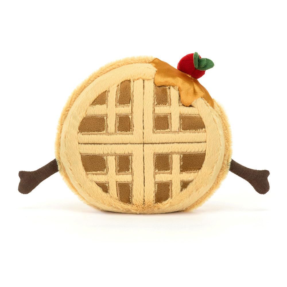 Jellycat Amuseables Rene Waffle featuring a silky syrup hat for playful breakfast cuddles