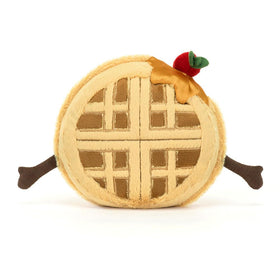 Jellycat Amuseables Rene Waffle featuring a silky syrup hat for playful breakfast cuddles