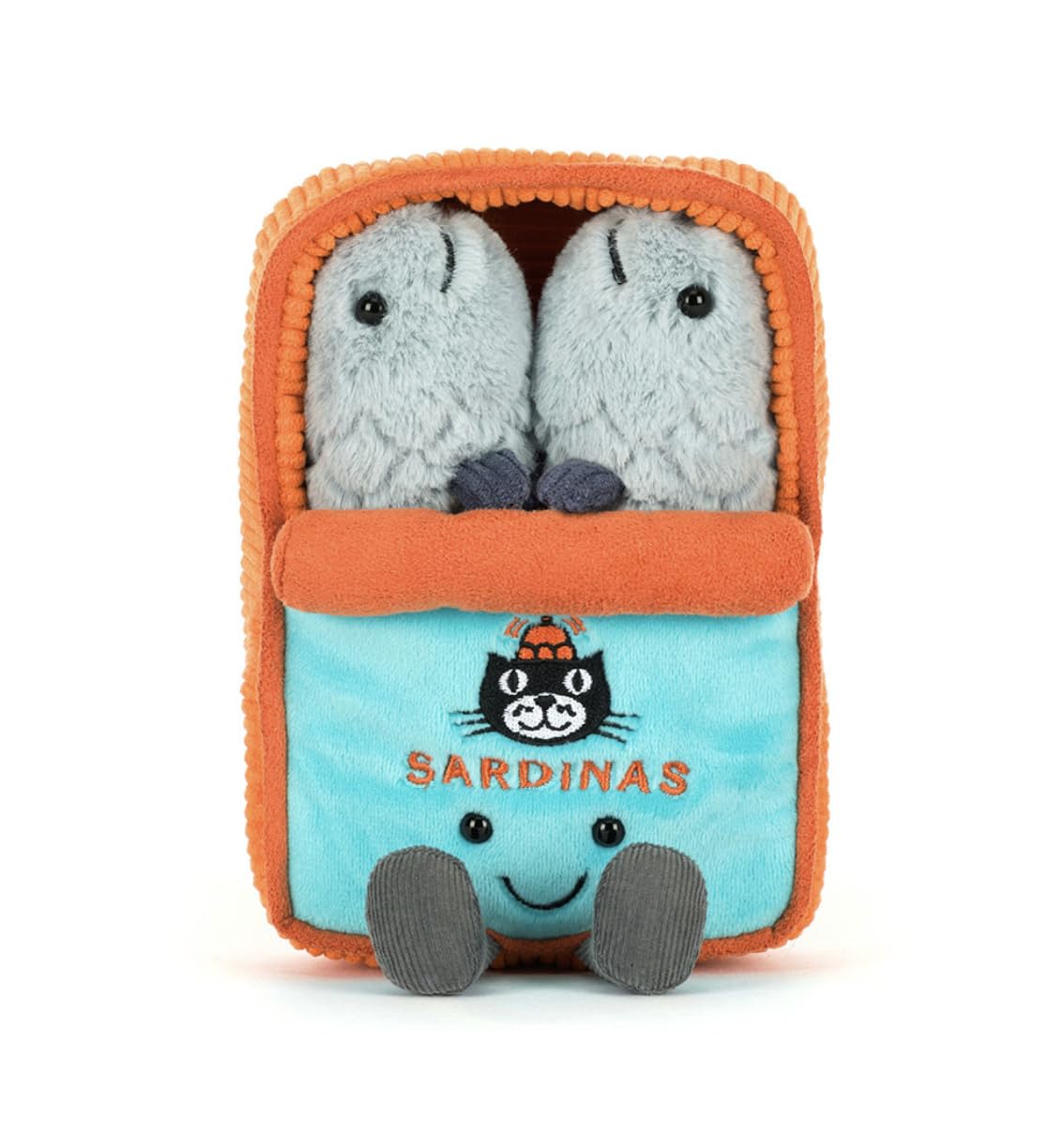 Embroidered Jellycat logo adds premium detail to the sardine tin plush