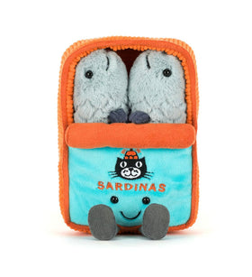 Embroidered Jellycat logo adds premium detail to the sardine tin plush