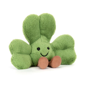 Jellycat Amuseables Siofra Shamrock closeup face showing soft plush texture for hugs.
