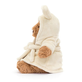 Bathrobe tie-front detail on Bartholomew Bear invites pretend spa moments