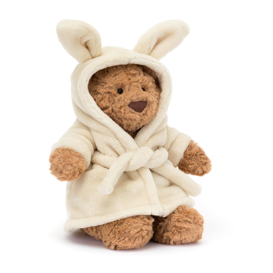 Bartholomew Bear with Bathrobe by Jellycat ready for cozy cuddles and play