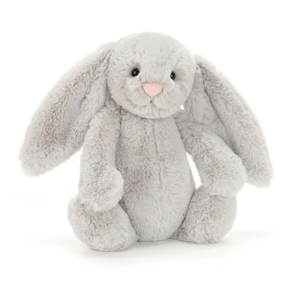 Jellycat Bashful Silver Bunny Medium front view, soft plush for comforting cuddles.