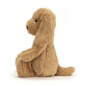 Jellycat Bashful Toffee Puppy dimensions, 12 inches long, ideal gift for read-aloud storytelling.