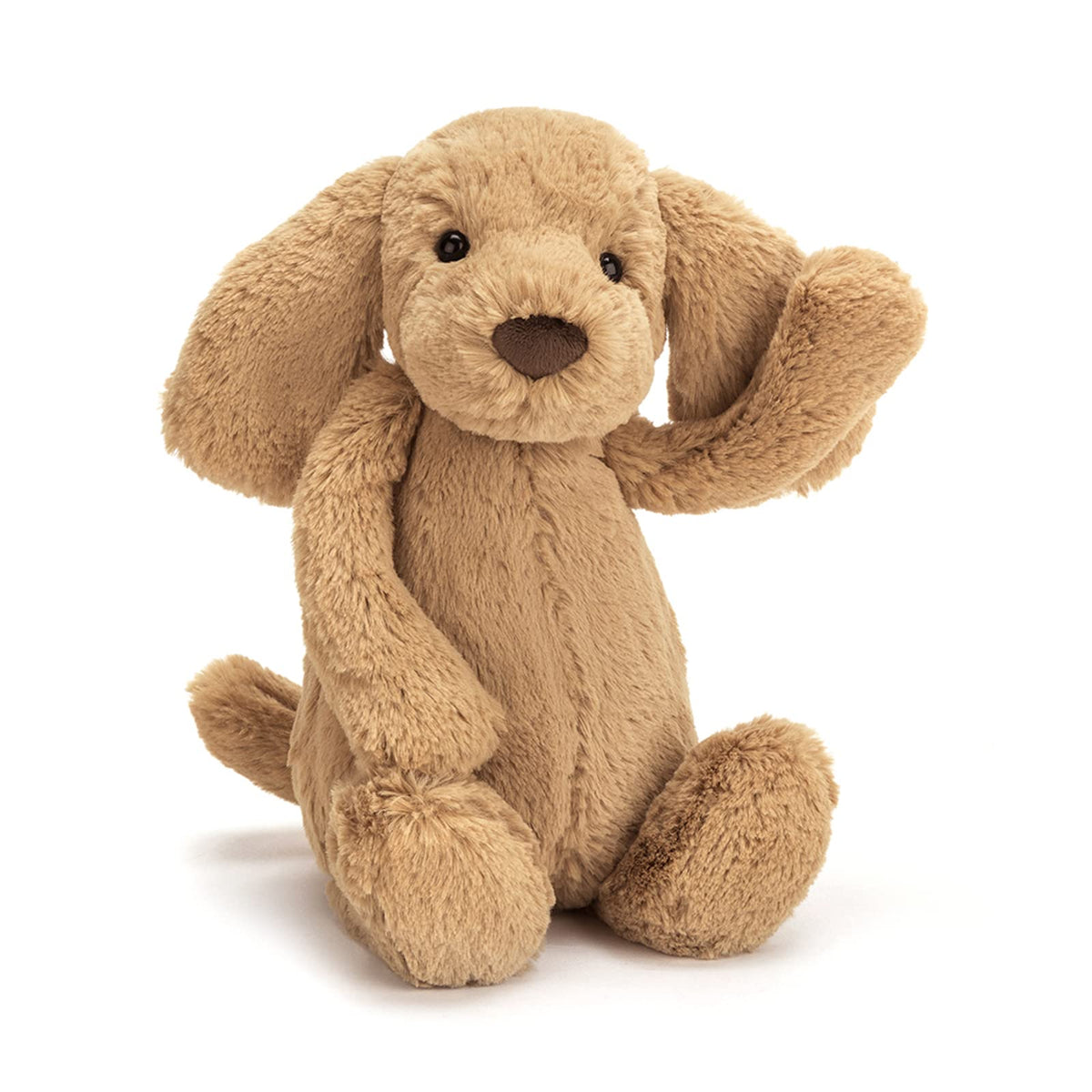 Jellycat Bashful Toffee Puppy snuggle closeup, showcasing soft fur and inviting hugs.