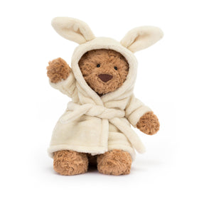 Bear dimensions and bathrobe detail highlight vanilla fleece styling