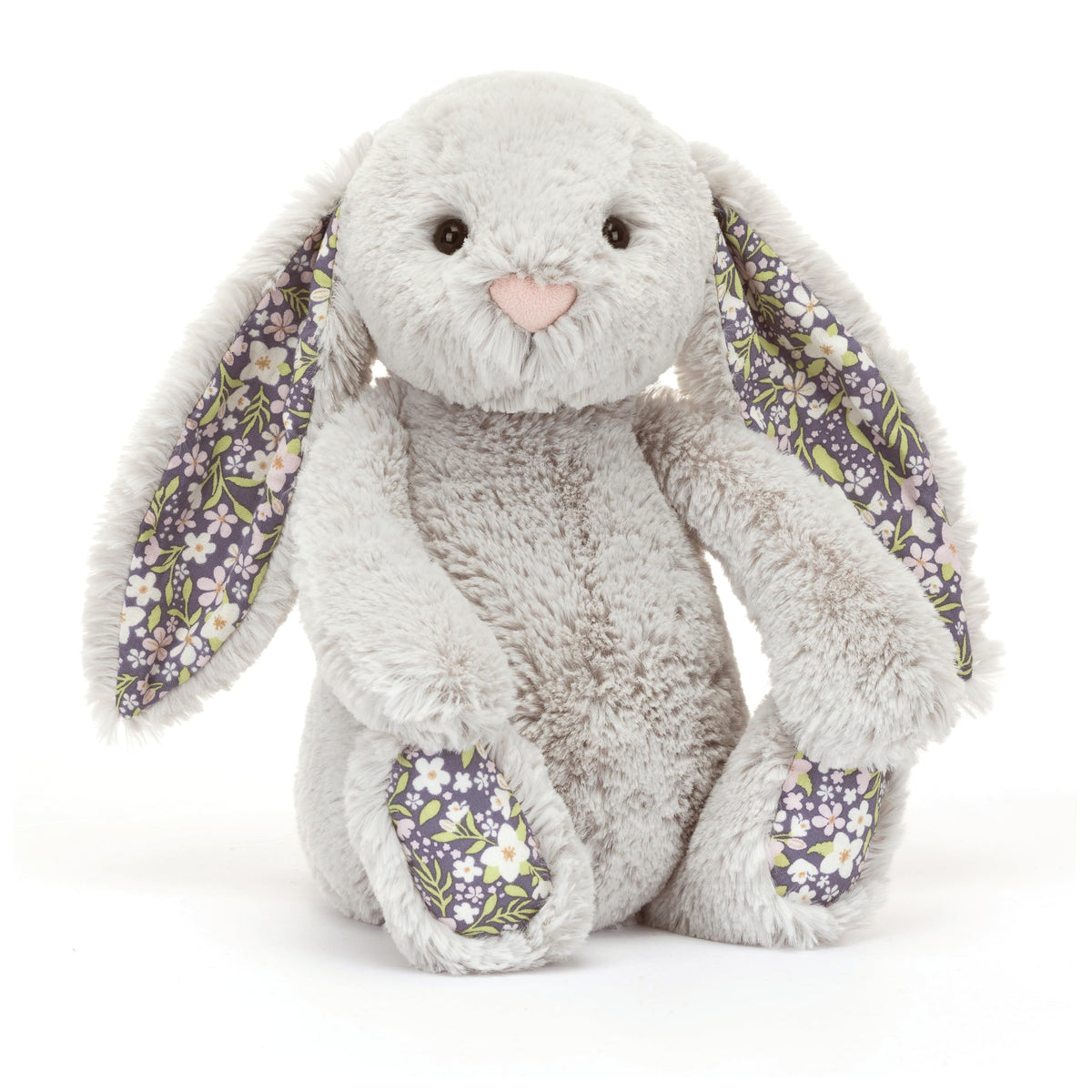 Jellycat Blossom Silver Bunny Bloom plush with floral ears, ideal for comforting hugs