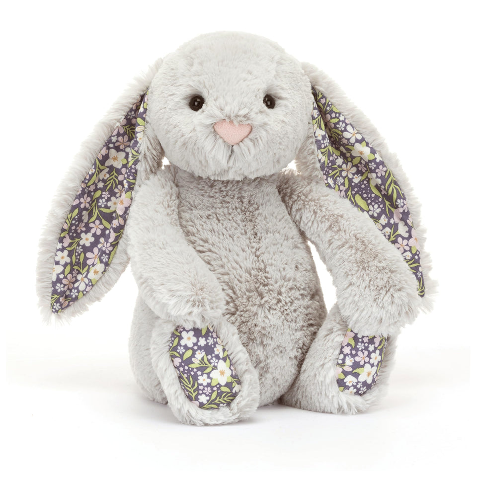 Jellycat Blossom Silver Bunny Bloom plush with floral ears, ideal for comforting hugs