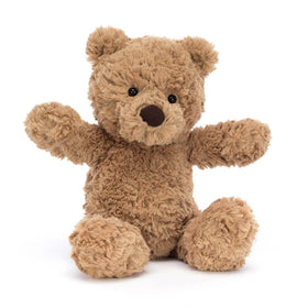 Jellycat Bumbly Bear small 11-inch side view highlighting compact size for easy cuddling.