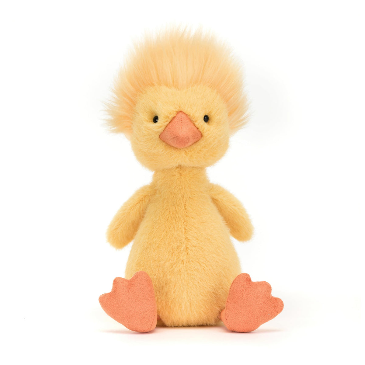 Jellycat Dorit Duckling in a waddling pose highlighting playful charm