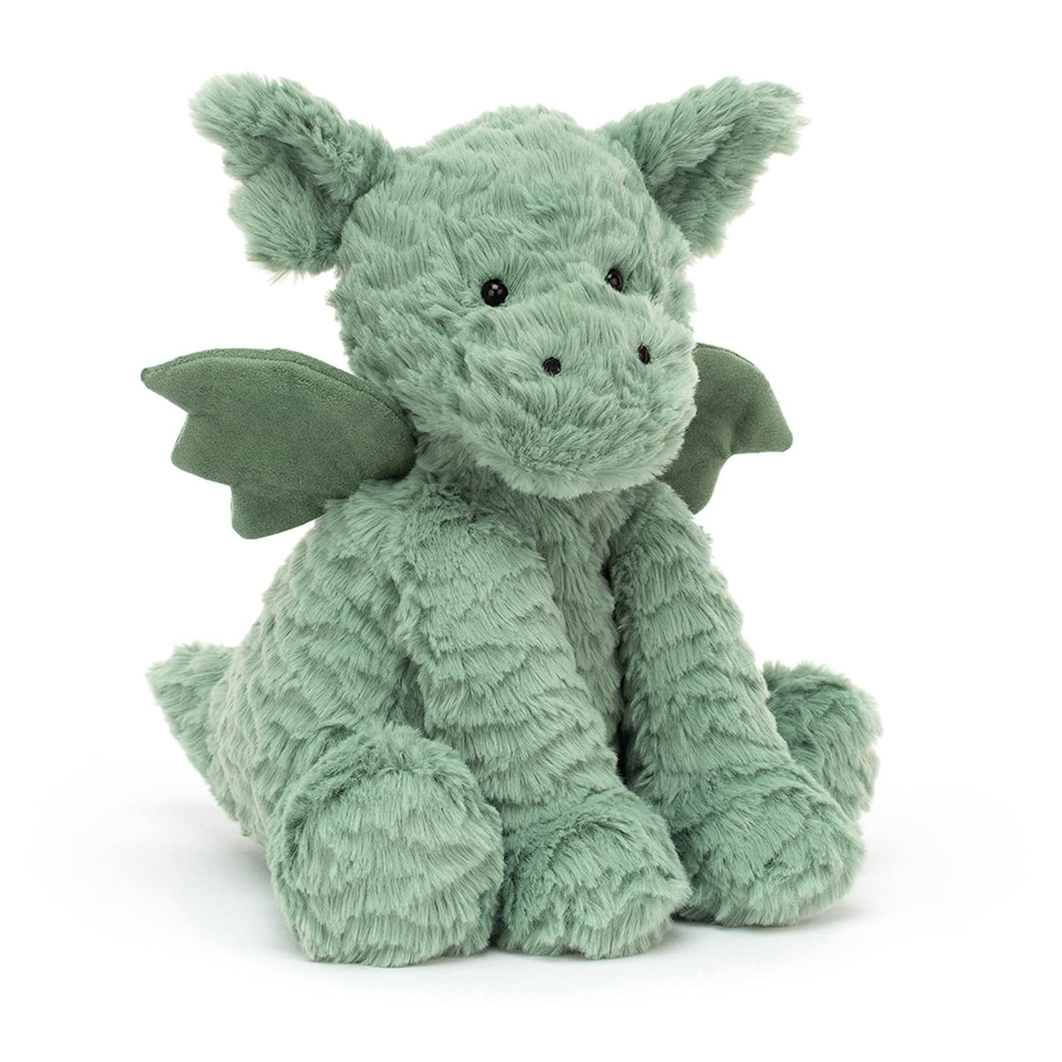 Jellycat Fuddlewuddle Dragon with mint-green fur invites cozy cuddles.