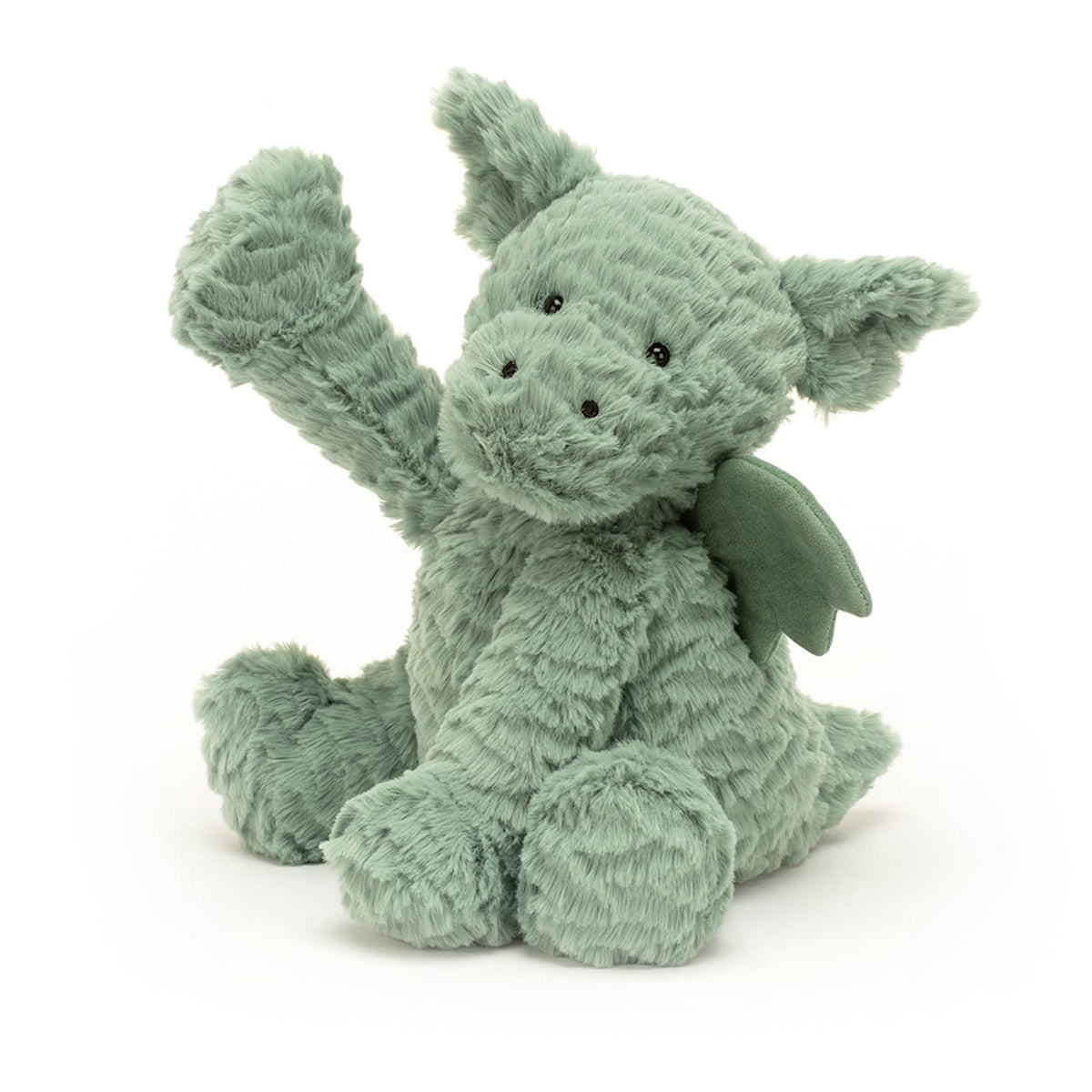 Jellycat Fuddlewuddle Dragon shows velvet-soft wings for imaginative play.