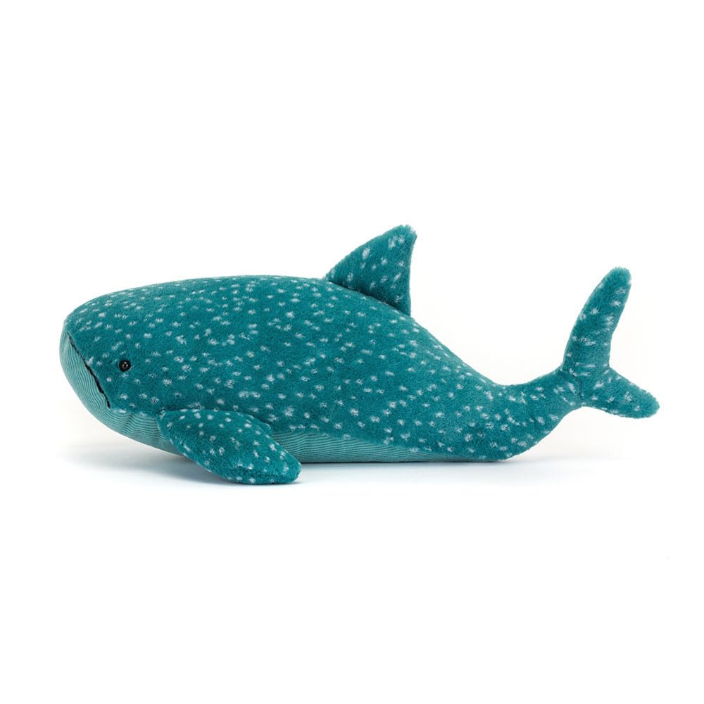 Jellycat Gobfrey Whale Shark full-body shot showcases durable polyester-cotton cuddle friend.