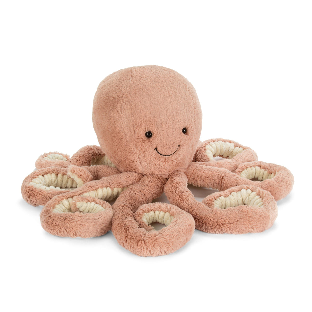Jellycat Odell Octopus plush smiling face for cuddly play and bedtime comfort.