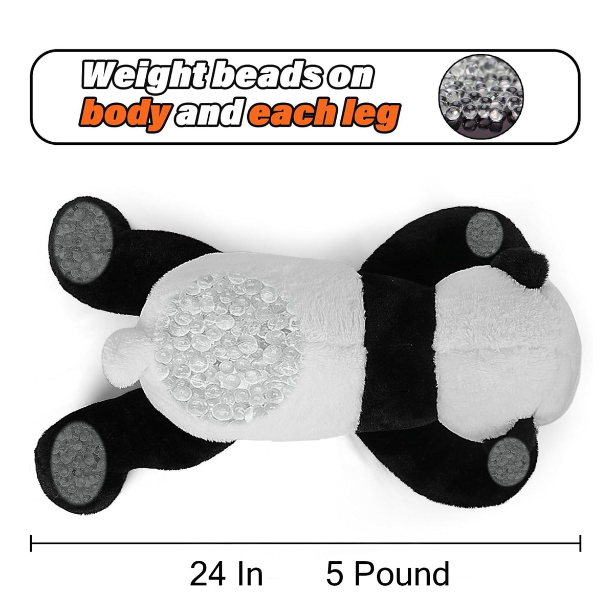 JellyMallow Panda weighted beads on body and legs for calming touch.