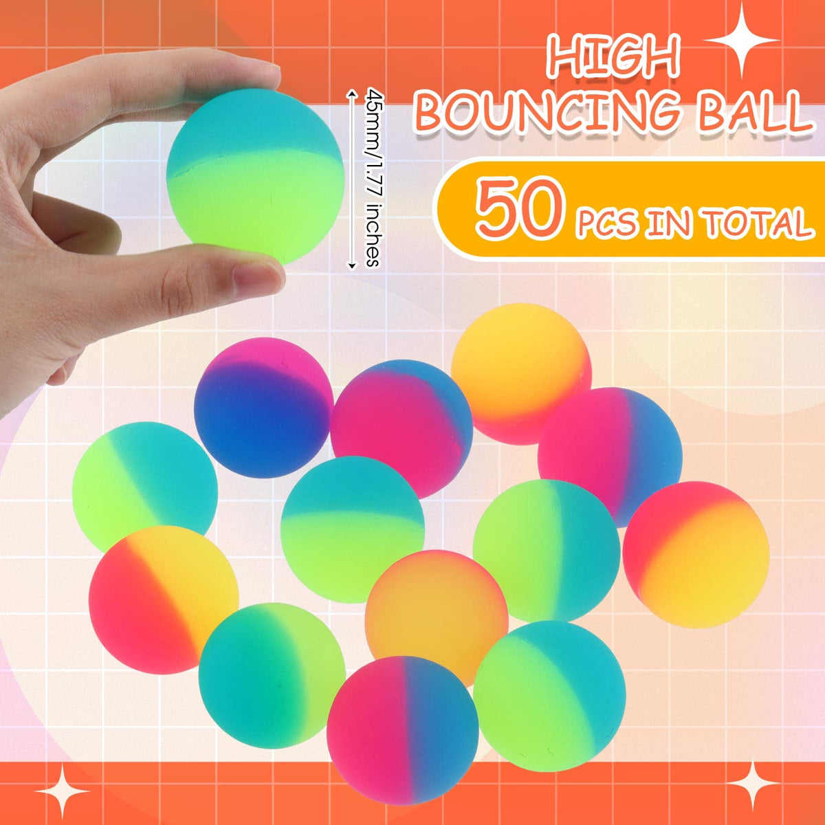 Jenaai 45mm bouncy balls, durable rubber for safe, high-energy play.