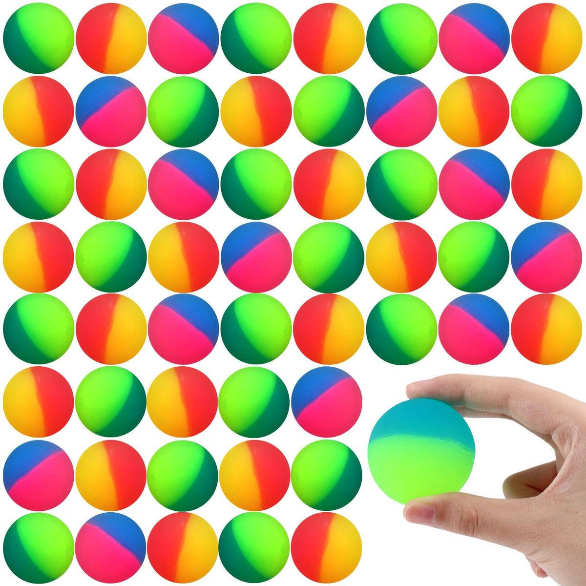 Jenaai bouncy balls, 50-piece collection, bright multi colors for party favors.