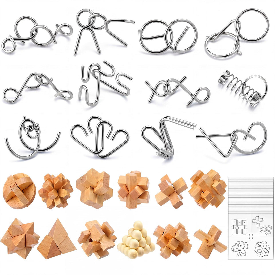 Jenaai brain teaser puzzles in wooden and metal for family game night