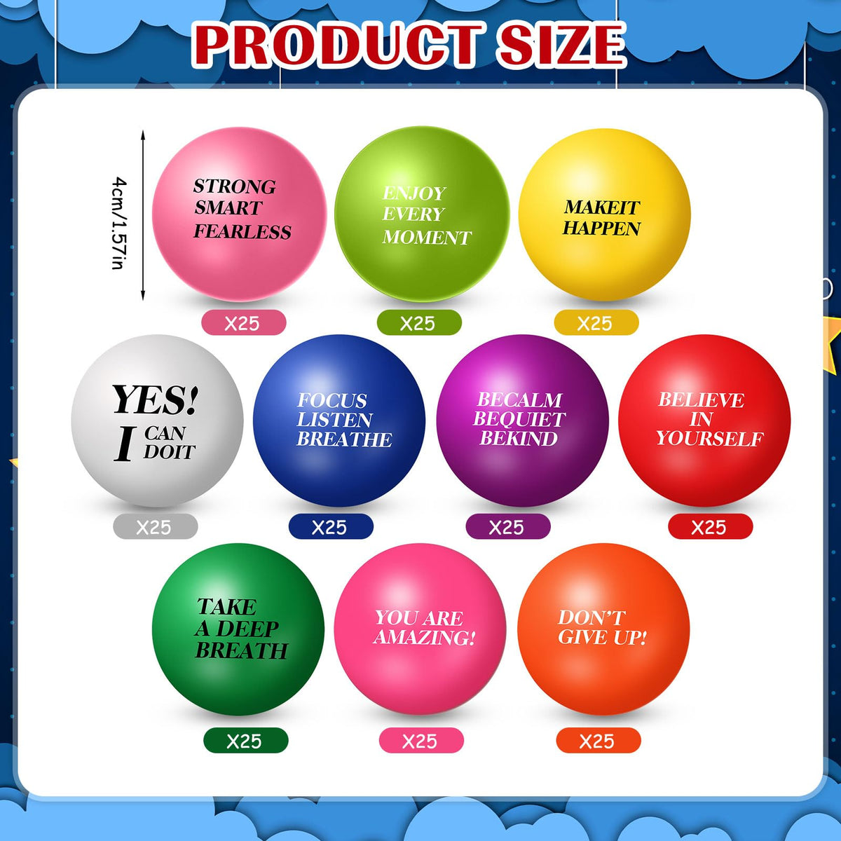 Jenaai colorful foam stress balls with quotes to boost mood and focus