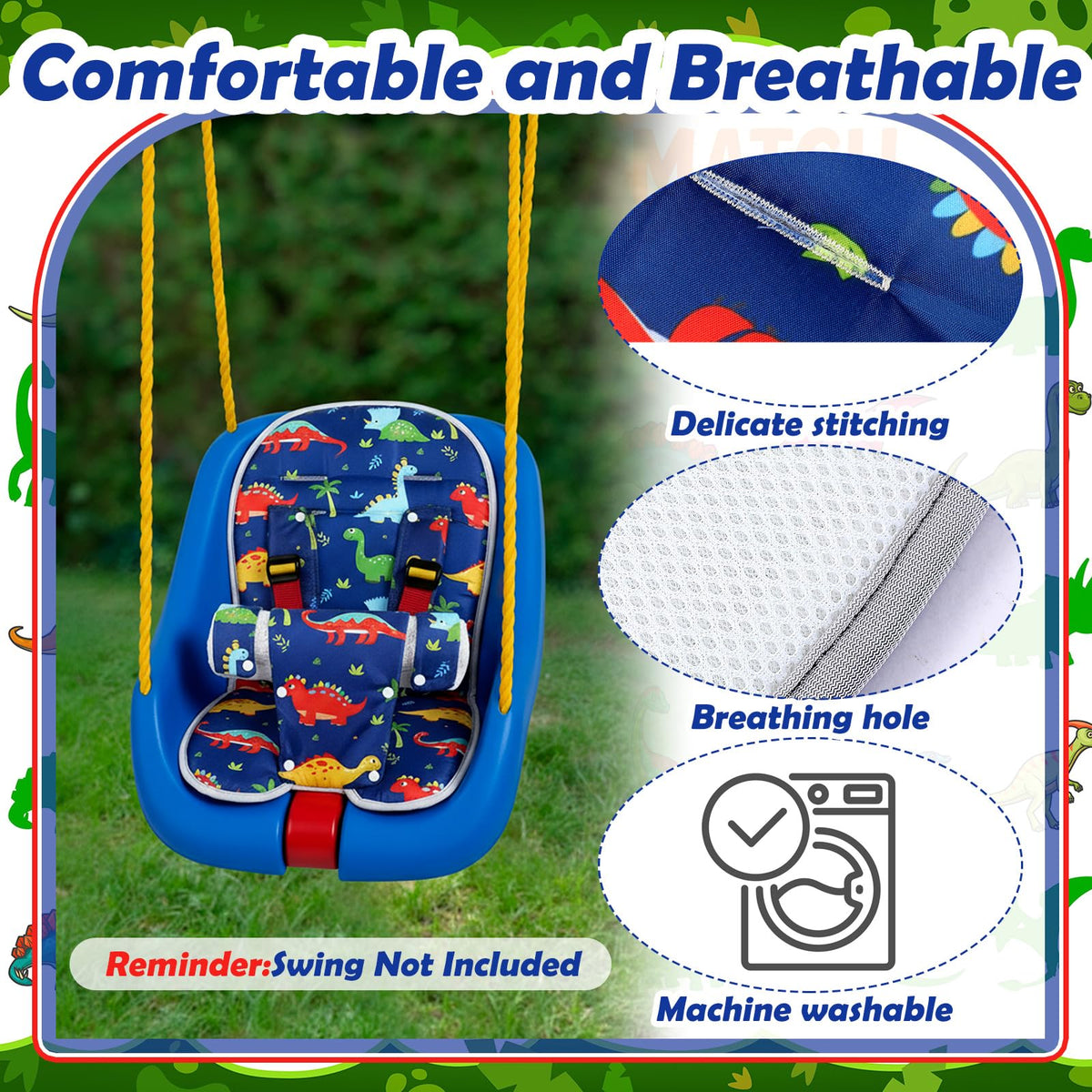 Jenaai dinosaur-pattern insert adds colorful fun to outdoor swings.