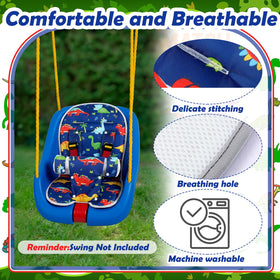 Jenaai dinosaur-pattern insert adds colorful fun to outdoor swings.