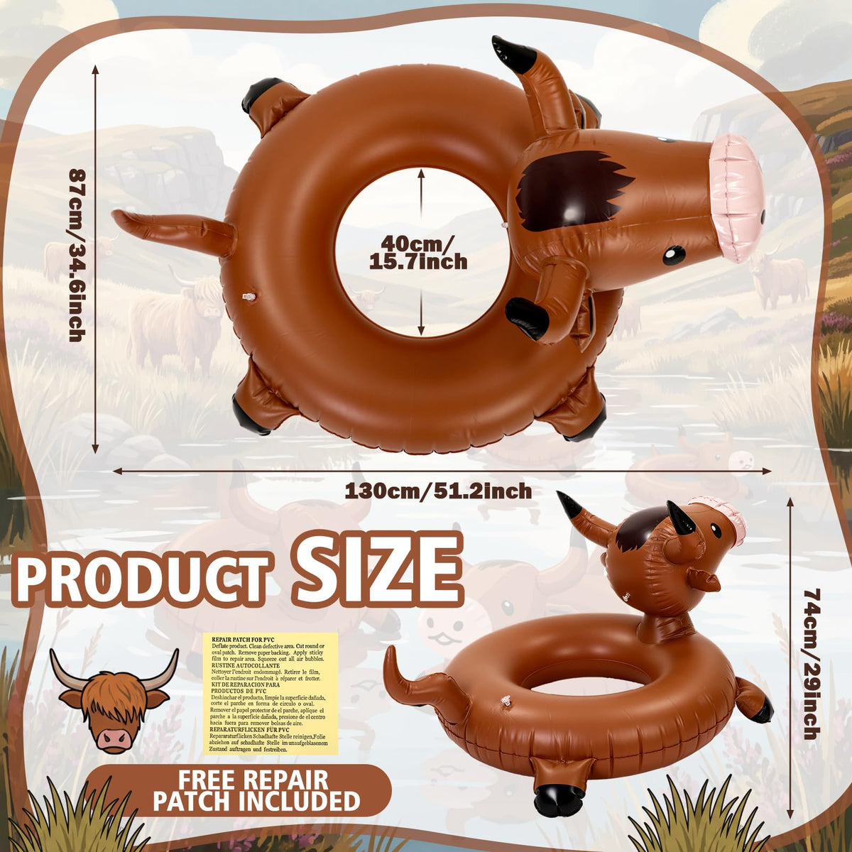 Jenaai inflatable Highland cow lounger with durable PVC for summer pool parties